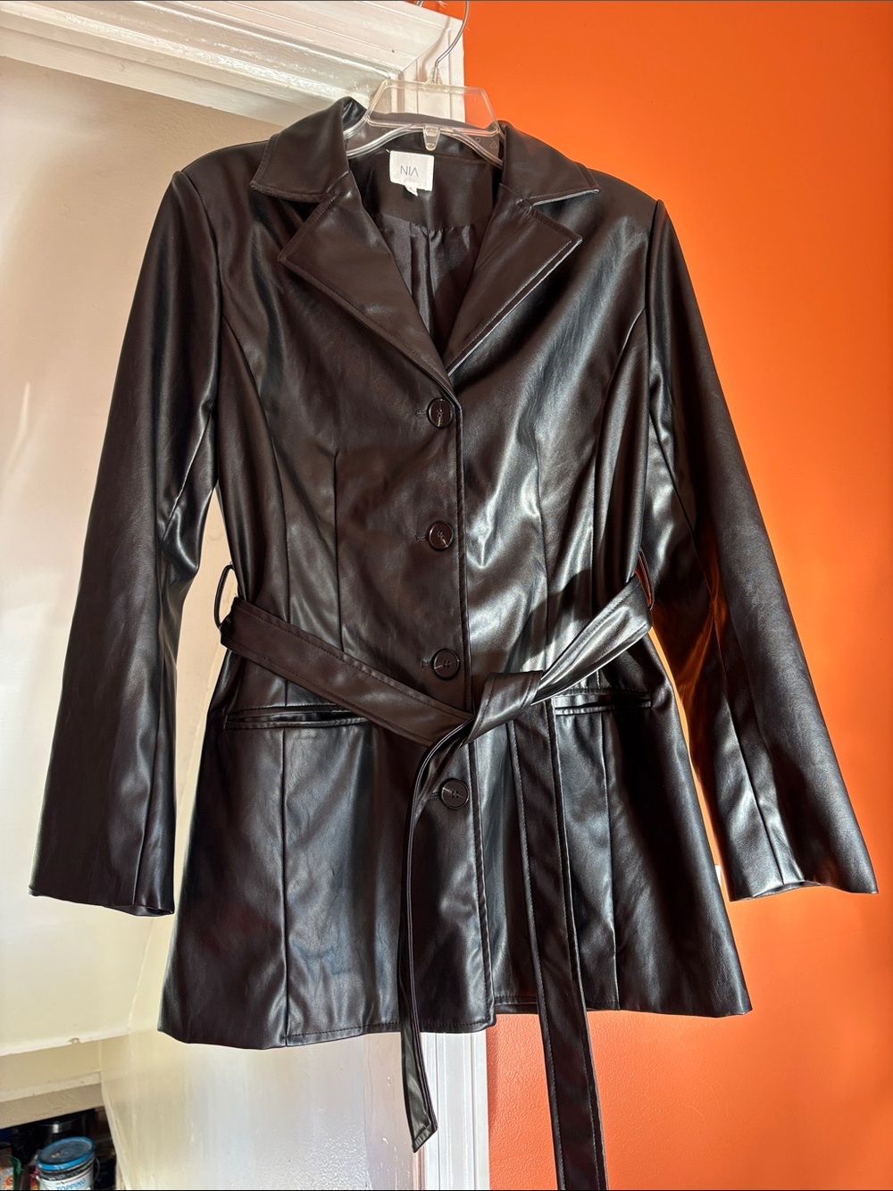 Nia Black Faux Leather Belted Jacket Size S